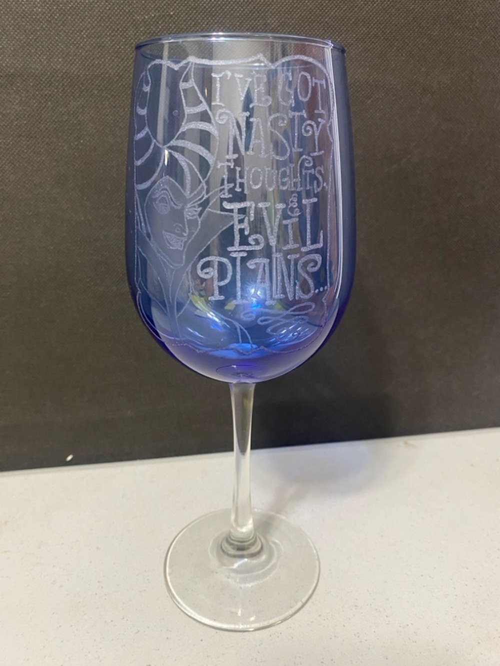 Disney Maleficent Blue Etched Wine Glass - 'I've Got Nasty Thoughts & Evil Plans